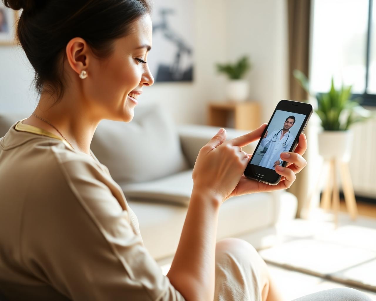 Mulher realizando consulta de telemedicina pelo celular
