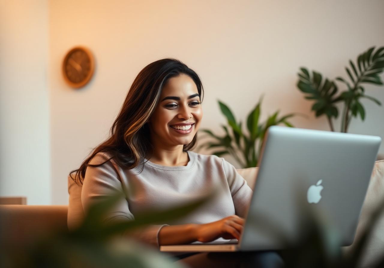 Mulher sorrindo durante sessão de telepsicologia em casa